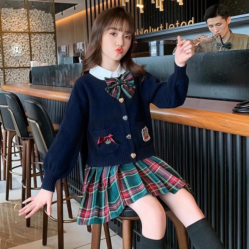Spring Autumn Clothes Girls JK Uniform School Uniform College Students Sweater+Shirt+Skirt Girl Pleated Skirt 3 Piec